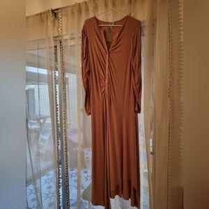 Asymmetrical apricot colored maxi dress